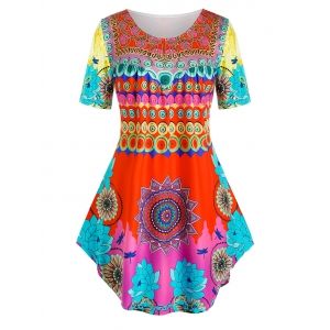 

Plus Size Mixed Aztec Print Curved Long Tunic Tee, Multi