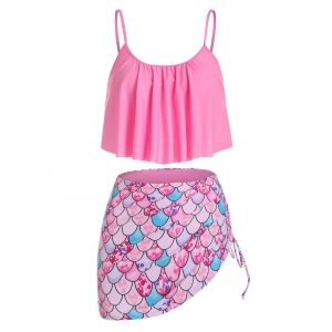 

Mermaid Print Spaghetti Strap Padded Tankini Set, Light pink