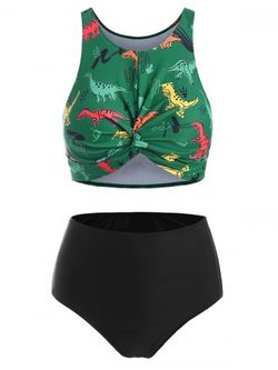 Dinosaur Print Twist High Waisted Tankini Swimsuit - LIGHT SEA GREEN - S