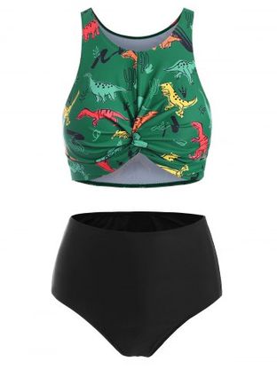 Dinosaur Print Twist High Waisted Tankini Swimsuit