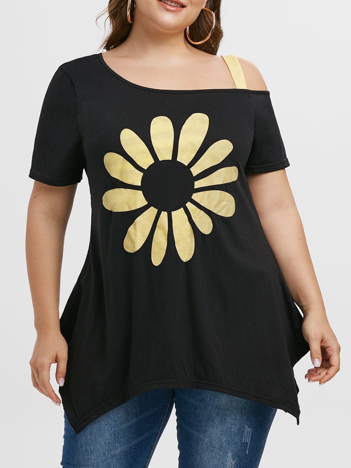 

Floral Graphic Cold Shoulder Handkerchief Plus Size Top, Black