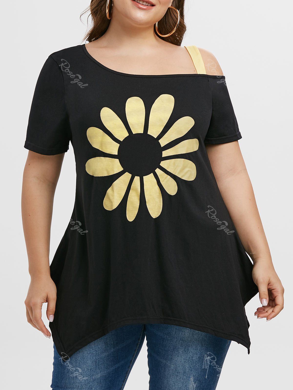 

Floral Graphic Cold Shoulder Handkerchief Plus Size Top, Black