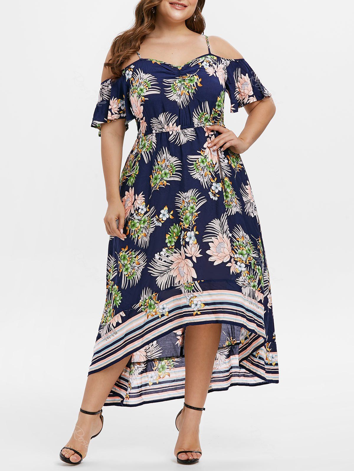 

Plus Size Cold Shoulder Flower Print Asymmetric Long Dress, Cadetblue