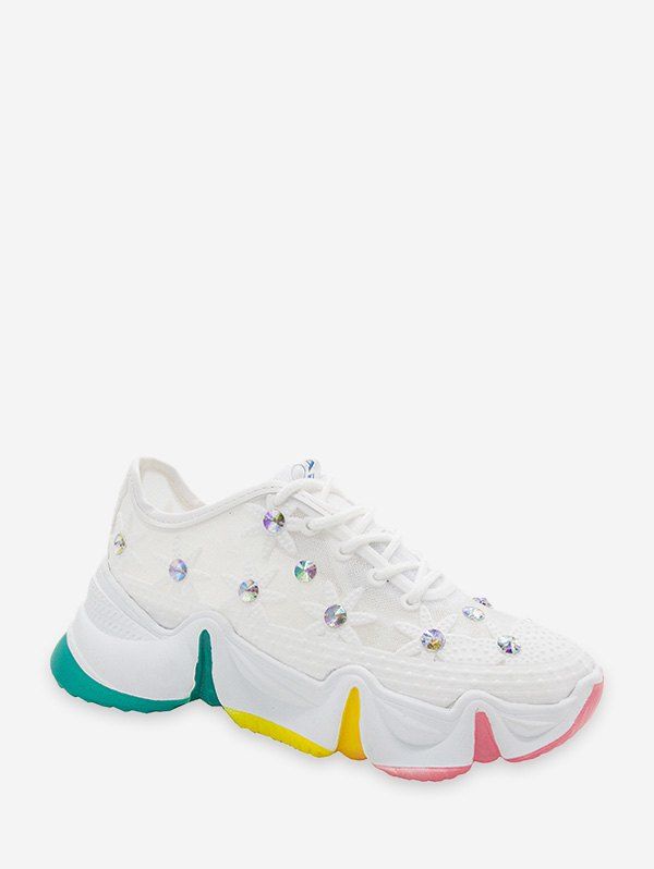 

Rhinestone Sheer Mesh Colorful Sole Running Sneakers, White
