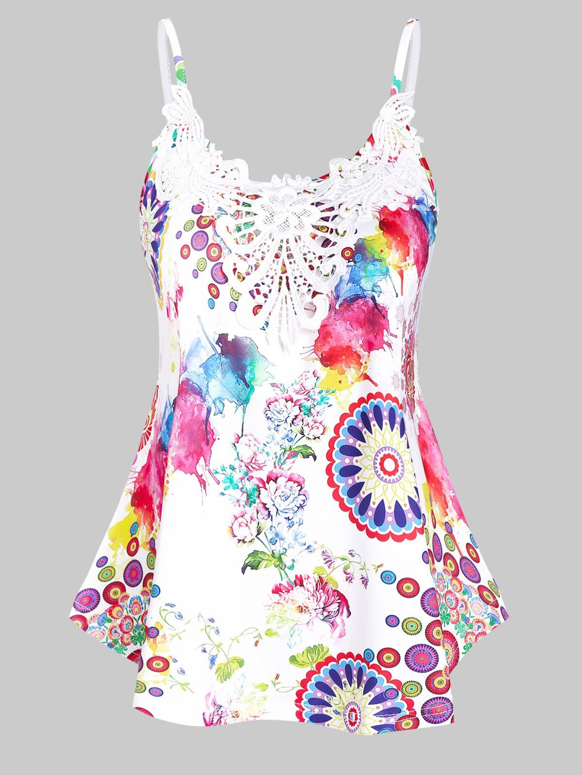 

Colorful Flower Print Lace Panel Cami Tank Top, White