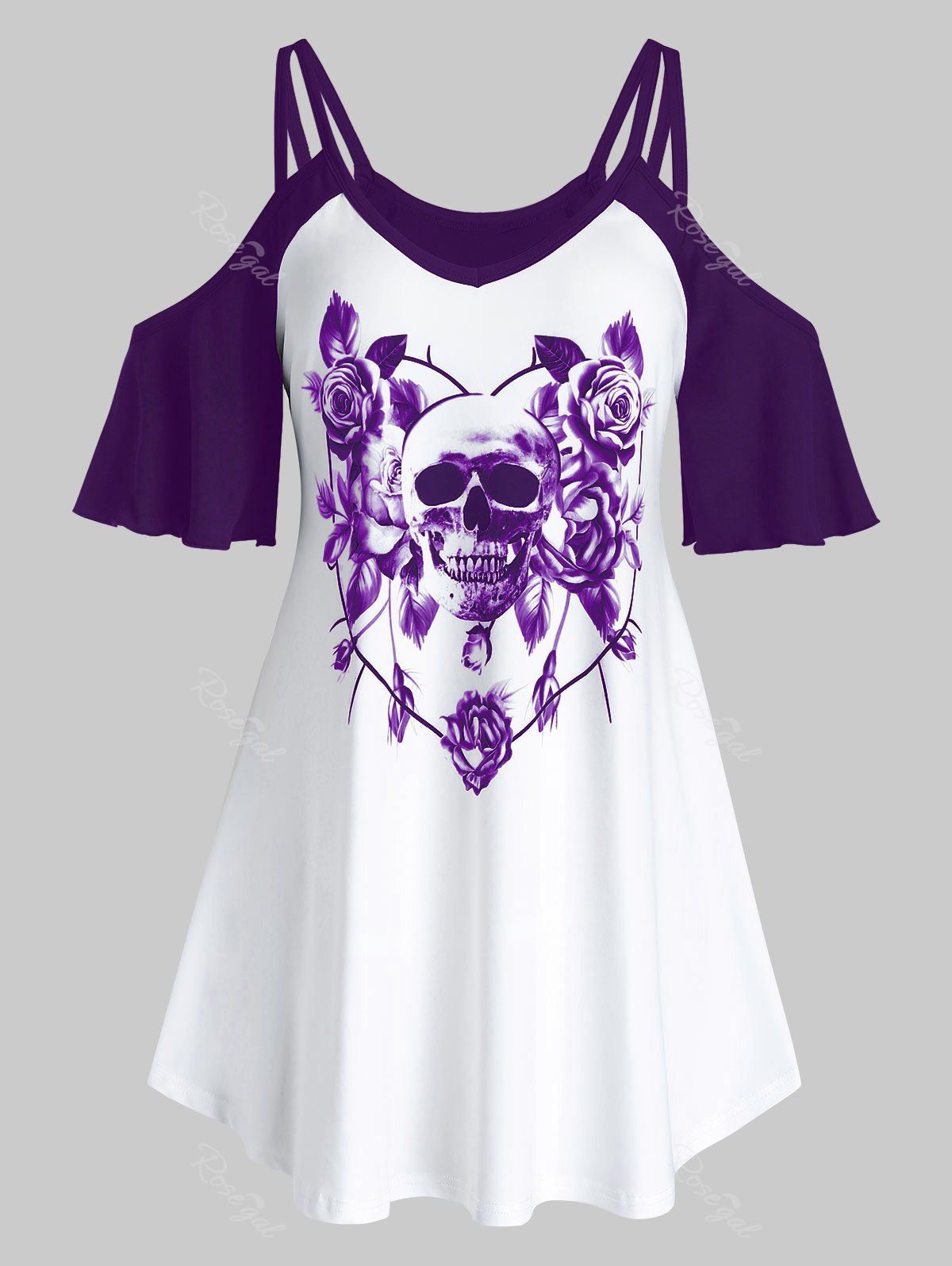 

Plus Size Open Shoulder Skull Flower Print Top, Purple iris