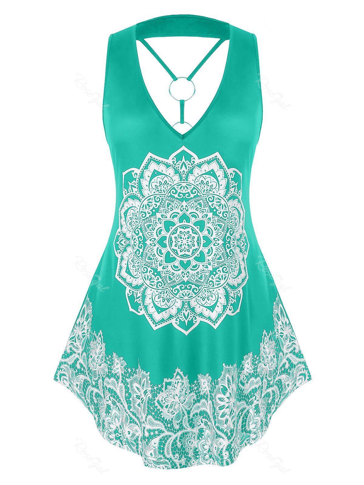 

Plus Size O Ring Strappy Tribal Print Tank Top, Sea green