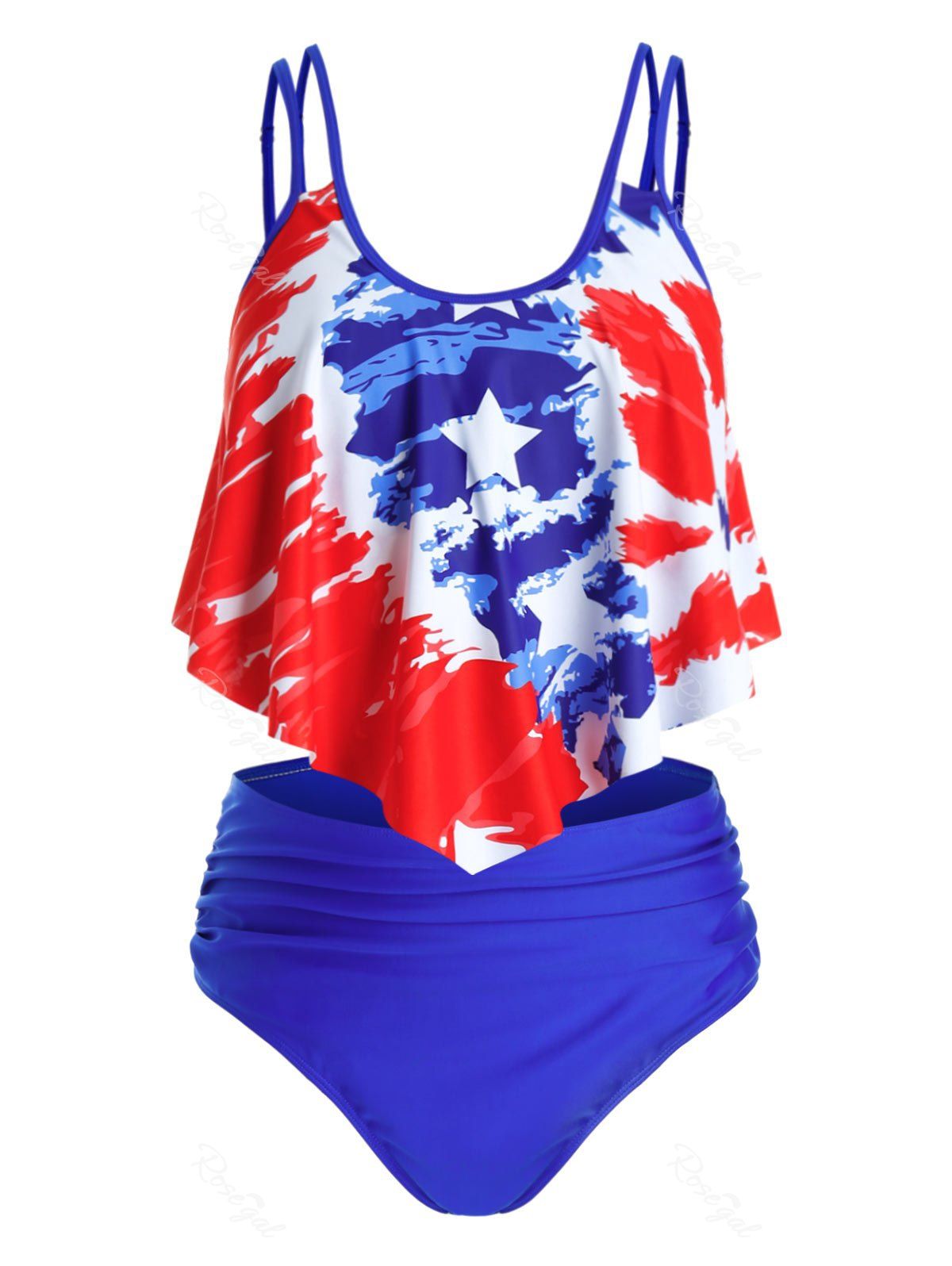 

Plus Size Print Dual Strap Flounce Ruched Tankini Swimwear, Blue