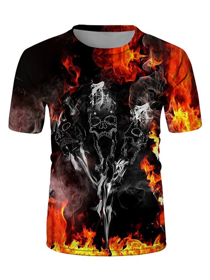 

Fire Skulls Print Crew Neck Casual T Shirt, Multi