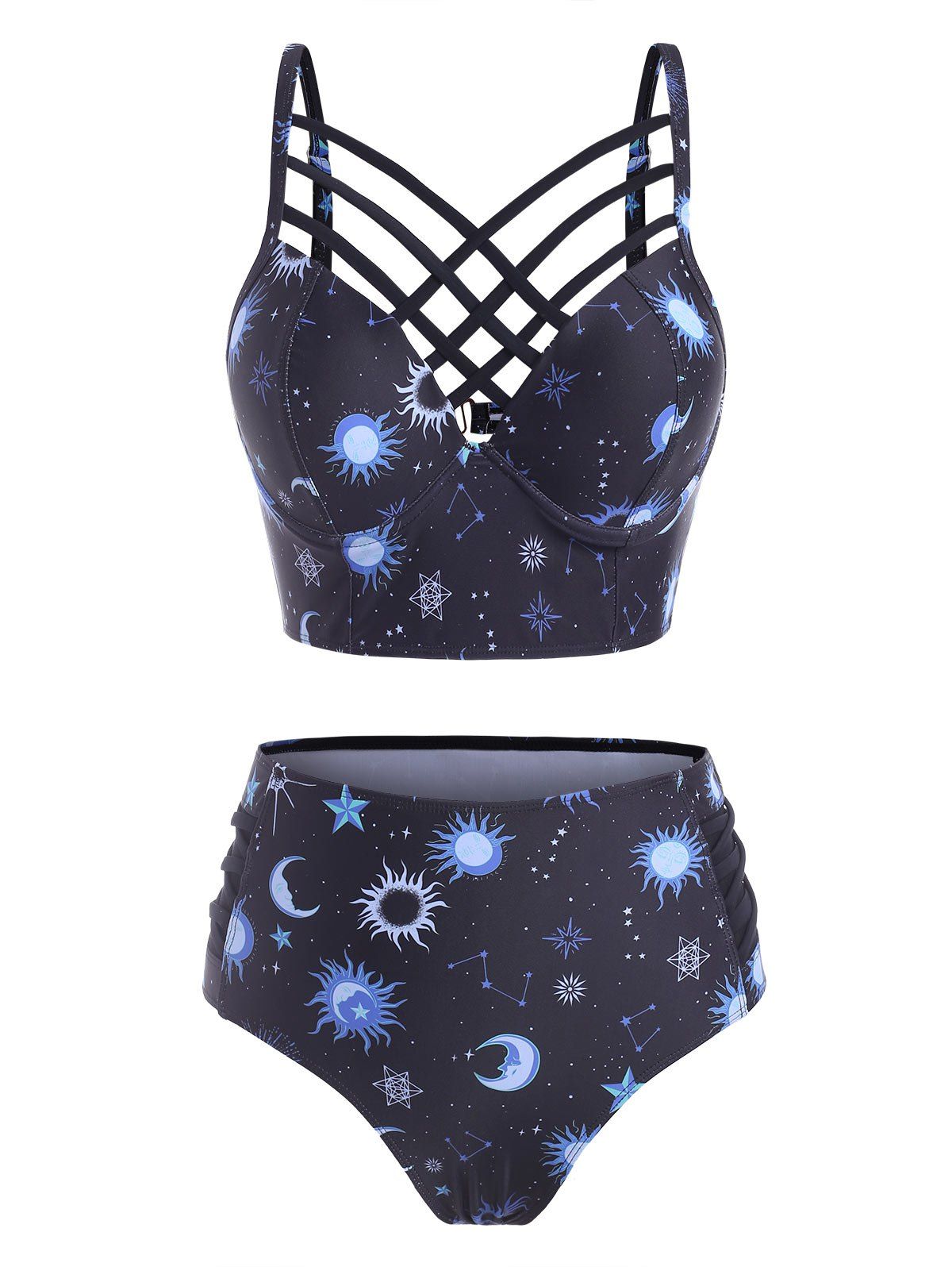 

Sun Star Moon Lattice High Waisted Tankini Swimsuit, Deep sky blue