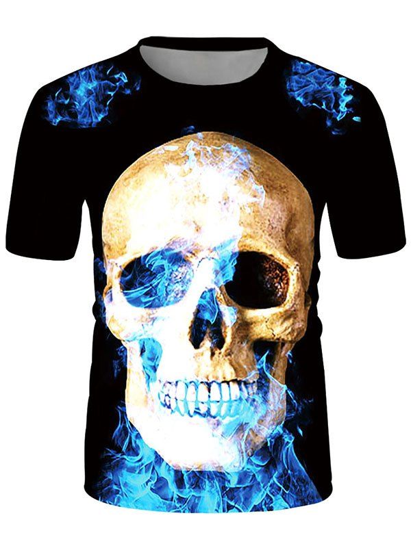 

Skull With Fire Graphic Crew Neck Casual Tee, Multi
