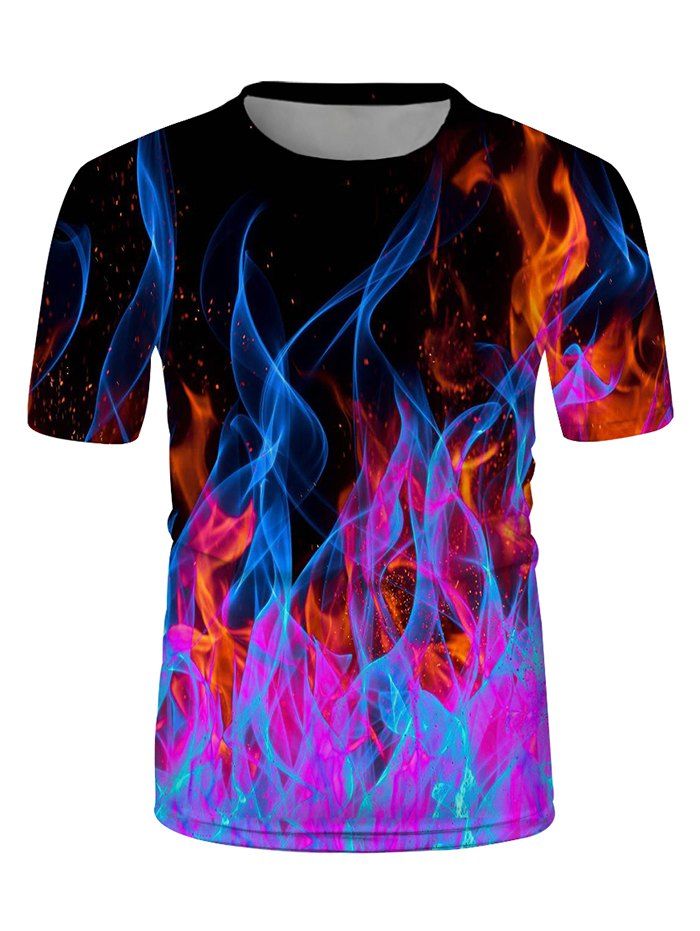 

Colorful Fire Print Crew Neck Casual T Shirt, Multi