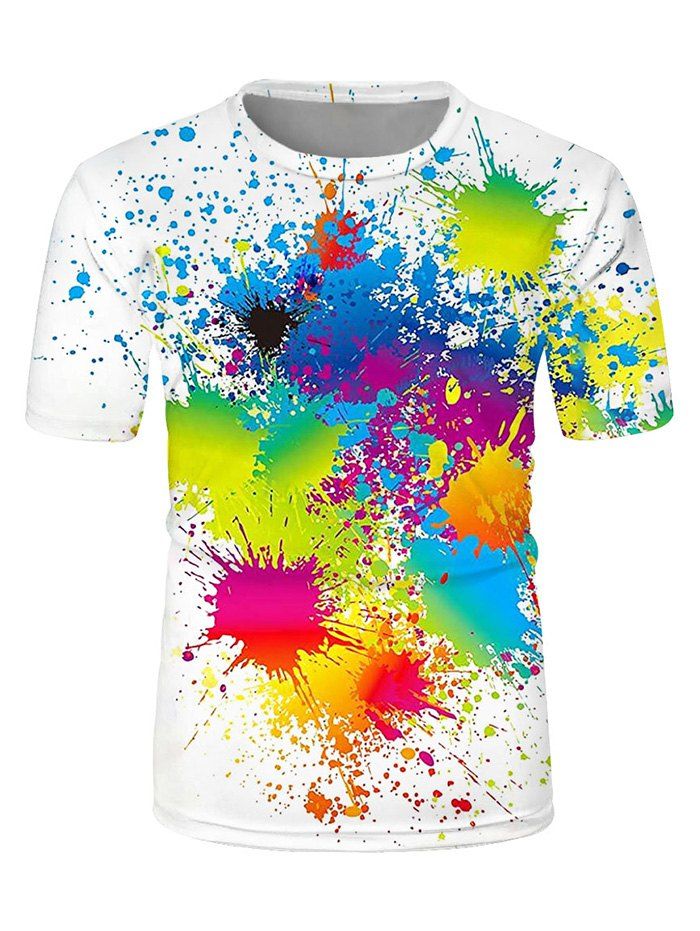 

Splatter Paint Print Crew Neck Casual T Shirt, White