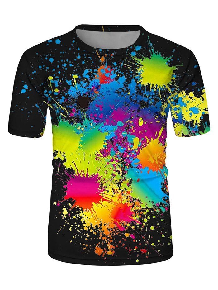 

Splatter Paint Print Crew Neck Casual T Shirt, Black
