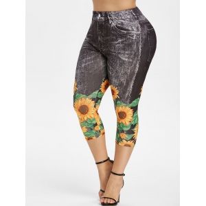 

Plus Size Sunflower 3D Print Capri Jeggings, Dark slate grey