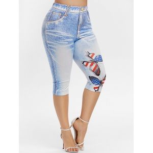 

Plus Size Patriotic Butterfly Print Capri Jeggings, Sea blue
