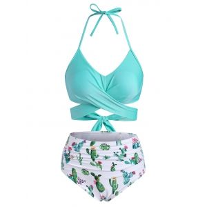 

Flower Bird Pineapple Halter Criss Cross Tummy Control Bikini Swimwear, Celeste