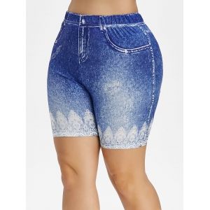 

Plus Size 3D Denim Pattern High Waisted Shorts, Ocean blue
