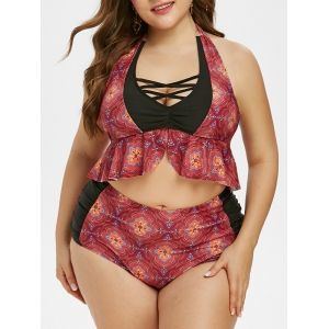 

Plus Size Floral Design Crisscross Halter Tankini Swimsuit, Mahogany