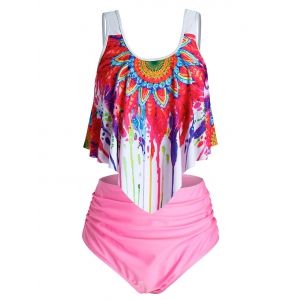 

Plus Size Ruffle Splatter Paint Ruched Tankini Swimwear, Pink