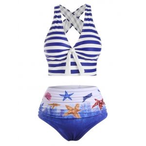 

Striped Crisscross Plunging High Waisted Bikini Swimwear, Ocean blue
