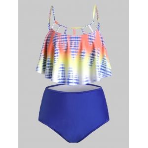 

Plus Size Tie Dye Flounce Cutout Crisscross Tankini Swimwear, Blue