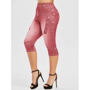 

Plus Size 3D Jean Print Cropped High Waisted Jeggings, Light coral