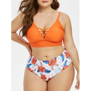 

Plus Size Lace Up Crisscross Floral Print Bikini Swimwear, Papaya orange
