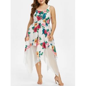 

Plus Size Handkerchief Floral Print Lace Up Dress, White
