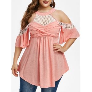 

Plus Size Cold Shoulder Twist Fishnet Panel T Shirt, Light pink