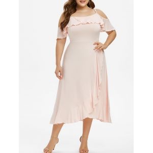 

Plus Size Cold Shoulder Flounce Midi Party Dress, Pig pink