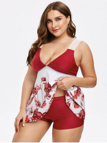 

Floral Lace Straps Skirted Plus Size Tankini Swimwear, Red