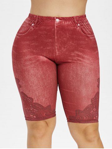 

Plus Size 3D Jean Print Short Leggings, Firebrick