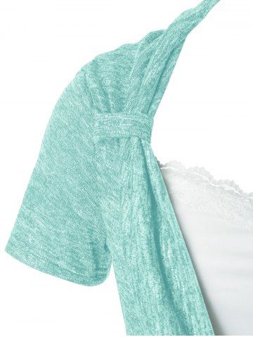 

Plus Size Cowl Front Marled Lace Embellished T Shirt, Light cyan