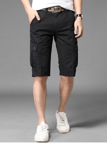 

Pure Color Zip Fly Fifth Cargo Shorts, Black