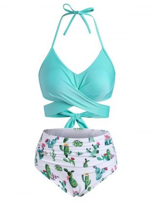 Flower Bird Pineapple Halter Criss Cross Tummy Control Bikini Swimwear