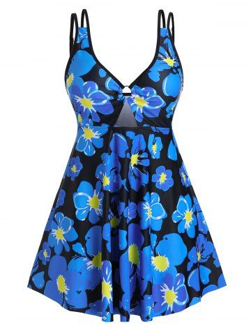 

Plus Size Floral Print Cutout Tankini Swimwear, Deep blue