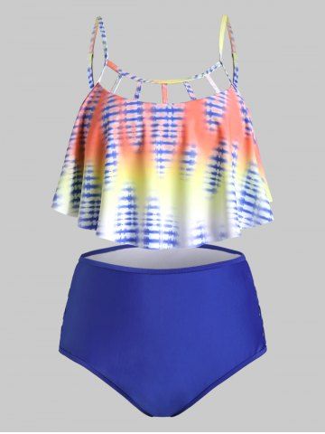 Plus Size Tie Dye Flounce Cutout Crisscross Tankini Swimwear
