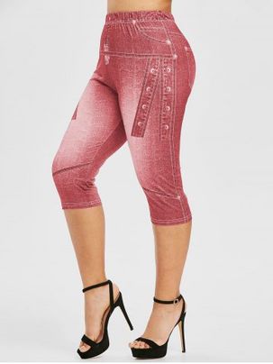 Plus Size 3D Jean Print Cropped High Waisted Jeggings