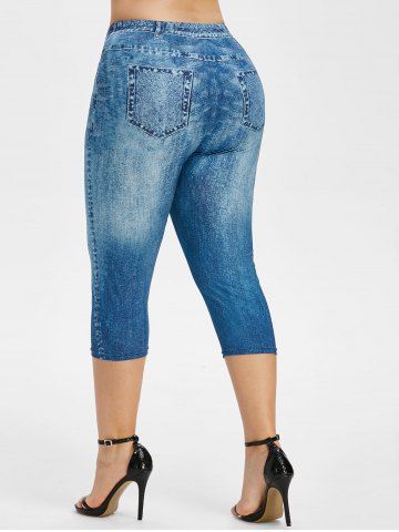 

Plus Size 3D Jean Print LOVE Graphic Capri Leggings, Denim dark blue