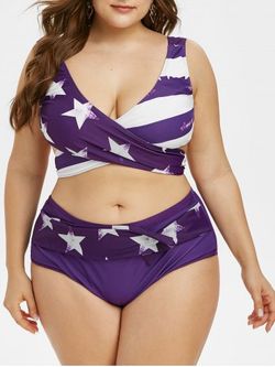 Plus Size Patriotic American Flag Print High Waist Wrap Tankini Swimsuit - DARK VIOLET - 4X