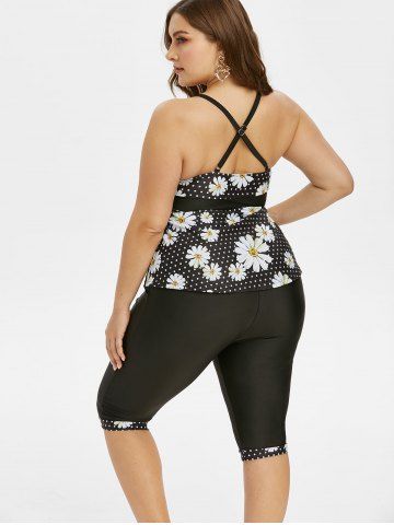 

Criss Cross High Waisted Daisy Print Dotted Plus Size Tankini Swimwear, Black