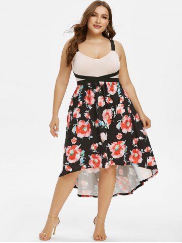 

Plus Size Floral Print High Low Midi Dress, Pink