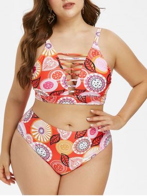 Plus Size Lattice Ethnic Print Bikini Swimwear
