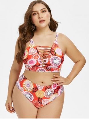 Plus Size Lattice Ethnic Print Bikini Swimwear