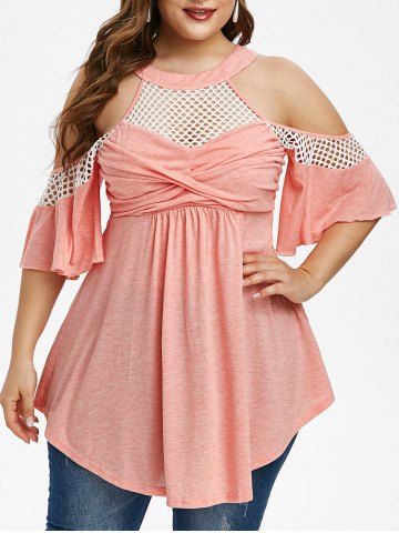 Plus Size Cold Shoulder Twist Fishnet Panel T Shirt - LIGHT PINK - 1X