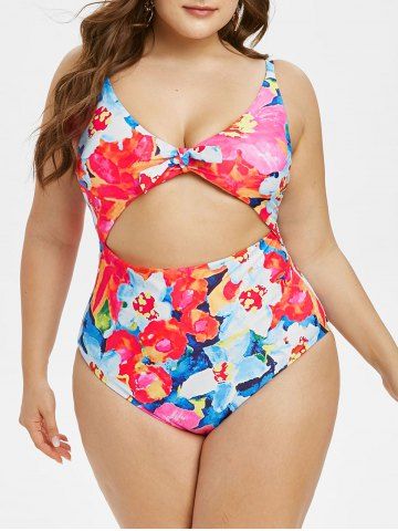 Plus Size Floral Print Cut Out One-piece Swimsuit - MULTI - L
