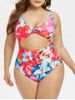 Plus Size Floral Print Cut Out One-piece Swimsuit -  