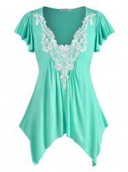 Plus Size Flutter Sleeve Contrast Lace Handkerchief T Shirt -  
