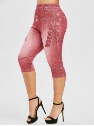 Plus Size 3D Jean Print Cropped High Waisted Jeggings -  